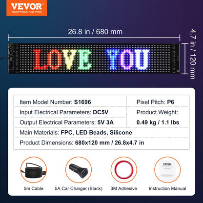 S1696 - VEVOR 27"x5" Bluetooth Programmable LED Sign for Displays