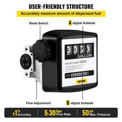 010711556284 - VEVOR 5-30 GPM Mechanical Fuel Meter with Clear Display