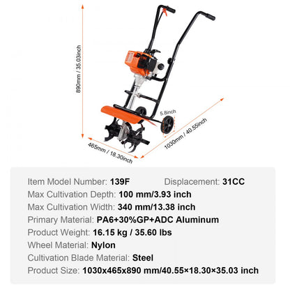 139F - 31CC VEVOR Tiller with Adjustable Tines for Easy Soil Prep