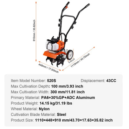 520S - Lightweight 43CC Tiller for Easy Lawn & Garden Cultivation