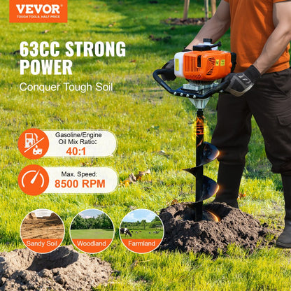 D58-A - VEVOR 63CC Post Hole Digger with 8” Bit & Comfort Grip