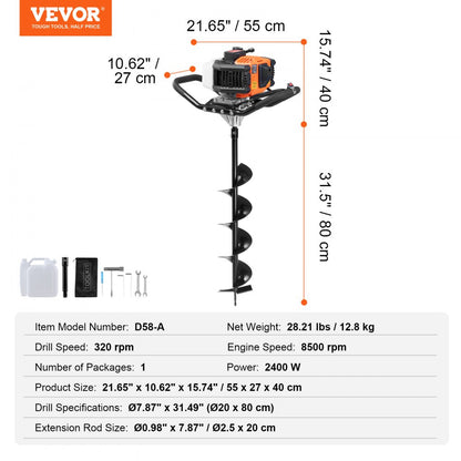 D58-A - VEVOR 63CC Post Hole Digger with 8” Bit & Comfort Grip