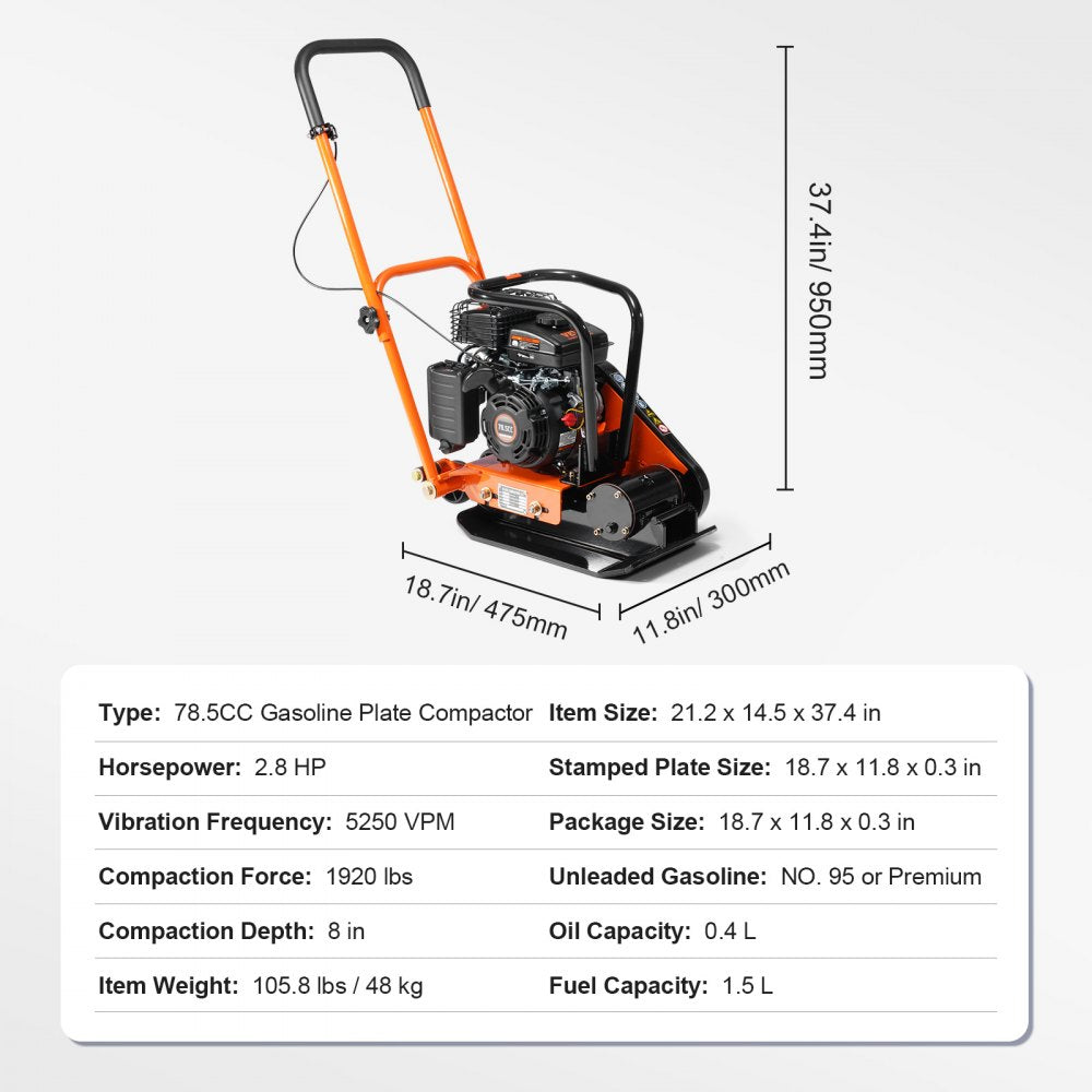 VV-YSJ785CC - Durable VEVOR Plate Compactor with 2.8 HP Gas Engine