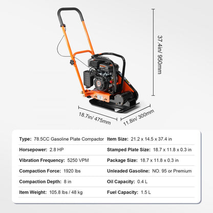 VV-YSJ785CC - Durable VEVOR Plate Compactor with 2.8 HP Gas Engine