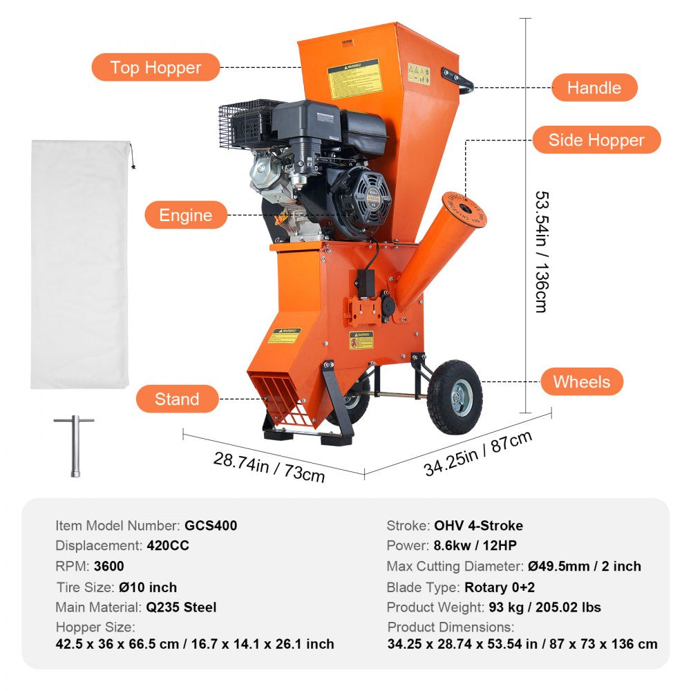 GCS400 - 420cc VEVOR Wood Chipper, 2" Cutting, Durable Steel, 87x73x136 cm