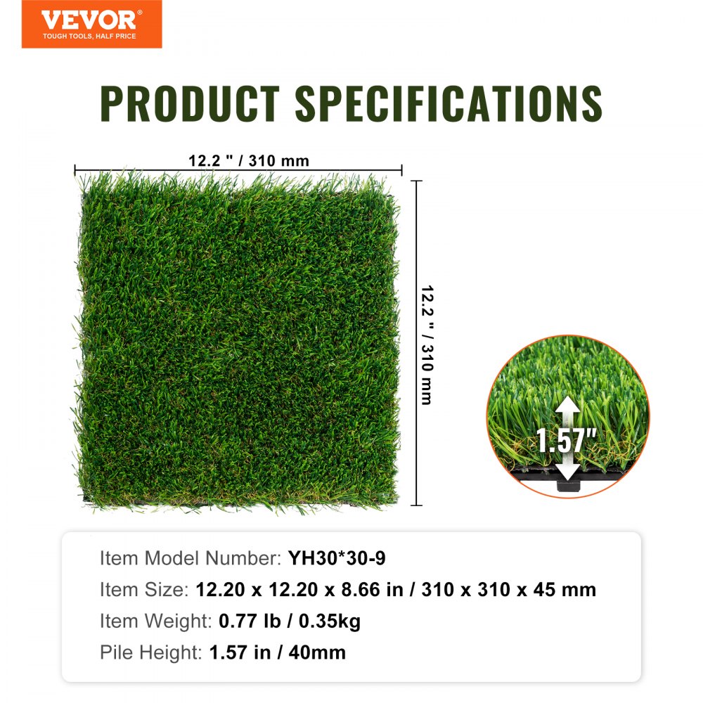 YH30*30-9 - Durable 12"x12" VEVOR Interlocking Artificial Grass Tile Set