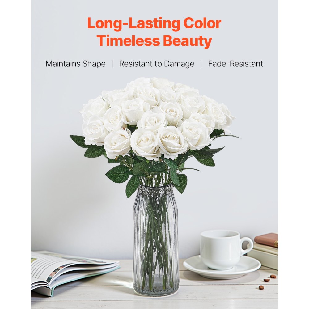 JNR-WHITE-060 - 20" Tall 60-Pack Lifelike White Faux Roses for Decor