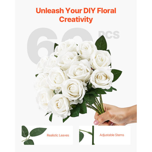 JNR-WHITE-060 - 20" Tall 60-Pack Lifelike White Faux Roses for Decor