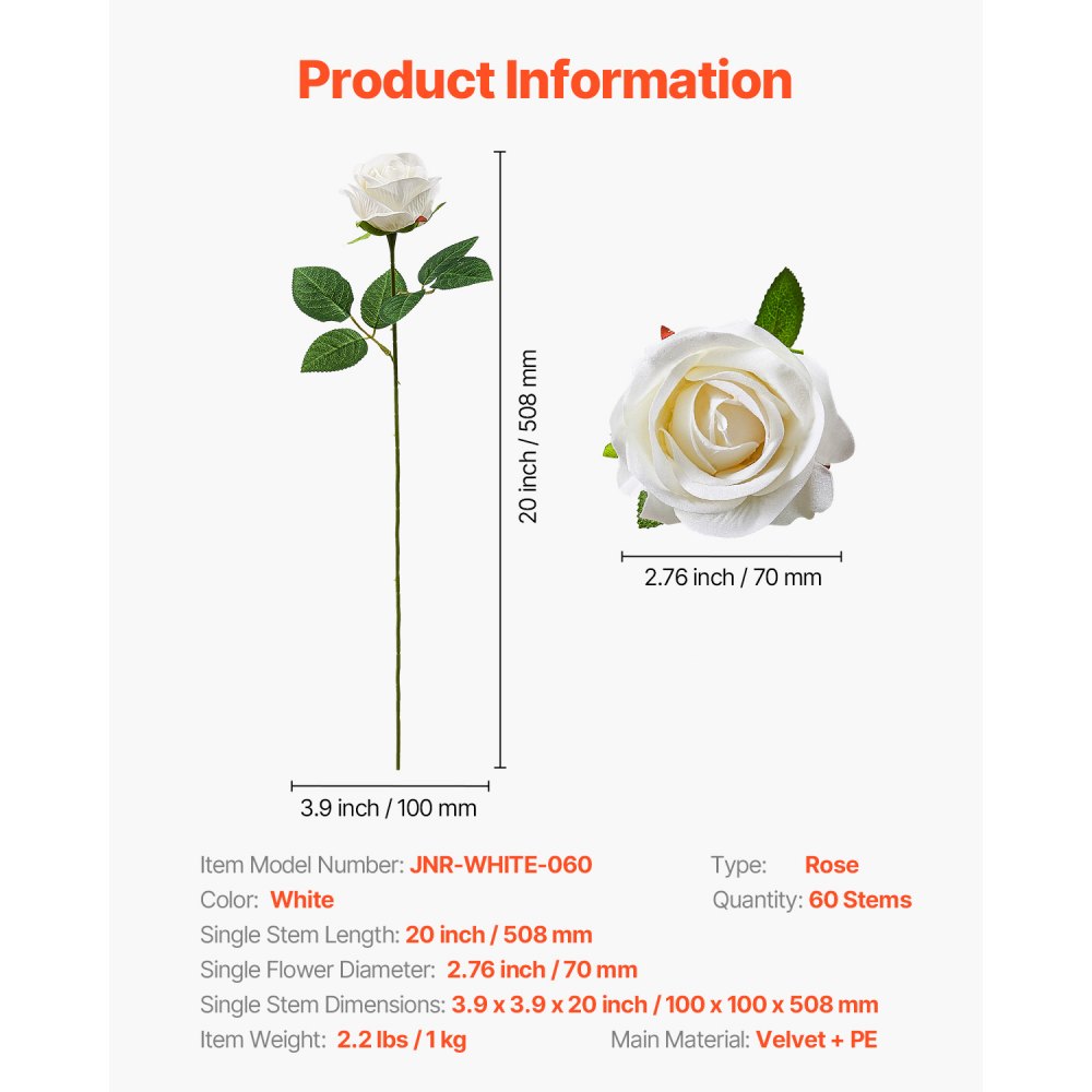 JNR-WHITE-060 - 20" Tall 60-Pack Lifelike White Faux Roses for Decor