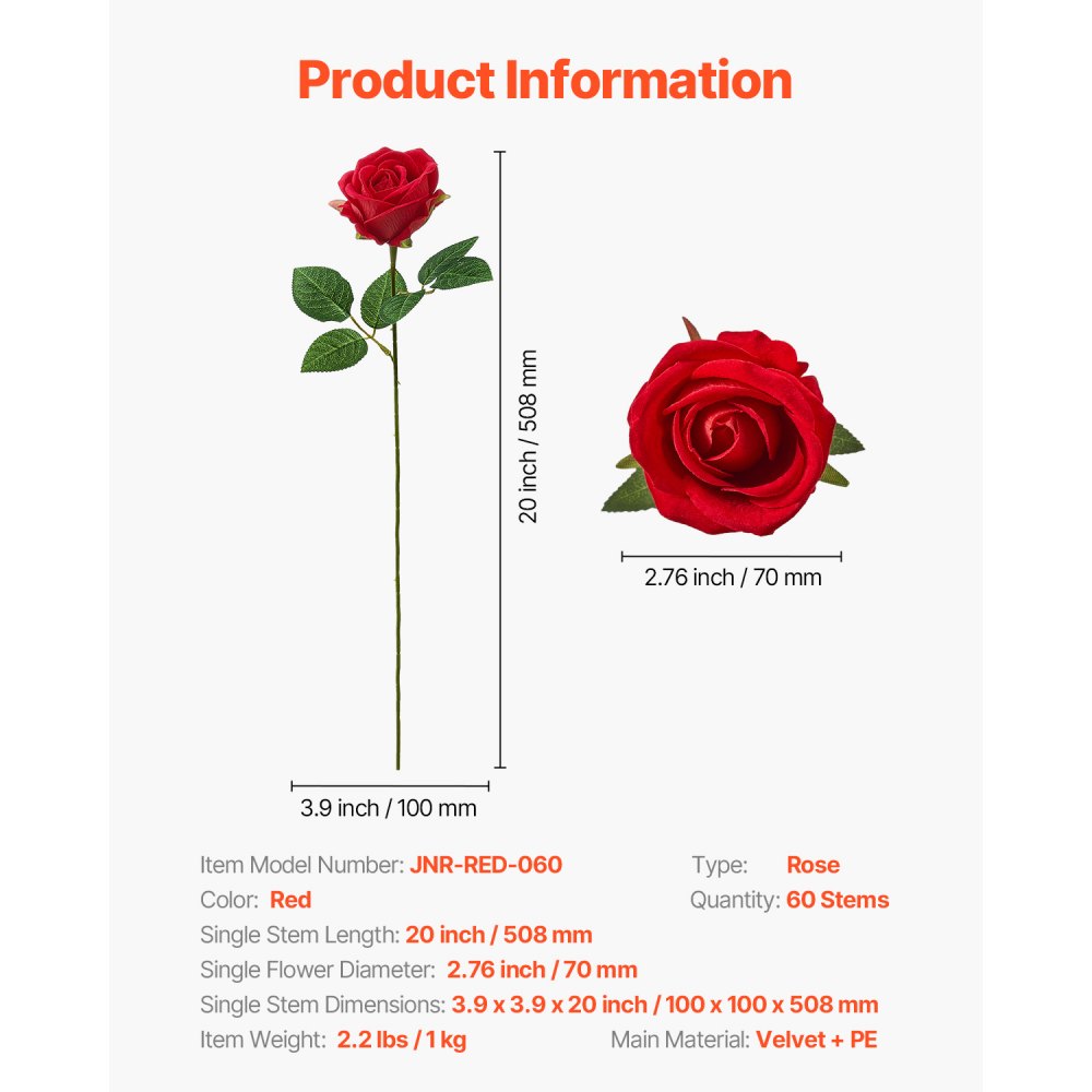 JNR-RED-060 - 60-Pack 20" Red Faux Roses with 5-Layer Petals