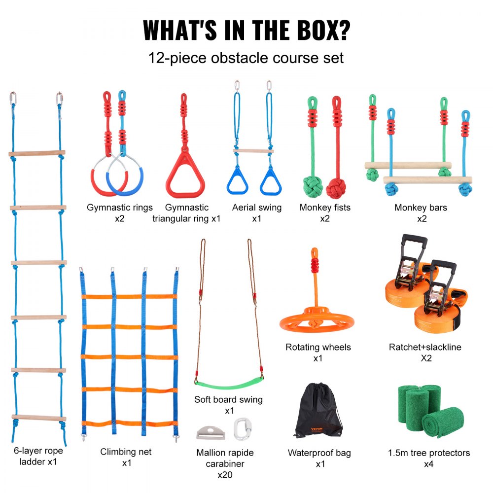 PR-012-65 - Adjustable Ninja Warrior Course 2 x 65 ft for Active Kids