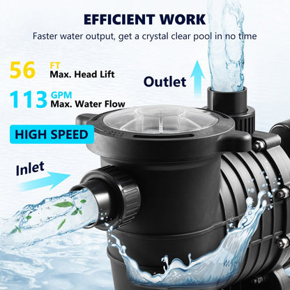 VVPS220BUS - 2.0HP VEVOR Pool Pump, 5520 GPH, Quiet Operation
