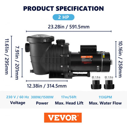 VVPS220BUS - 2.0HP VEVOR Pool Pump, 5520 GPH, Quiet Operation