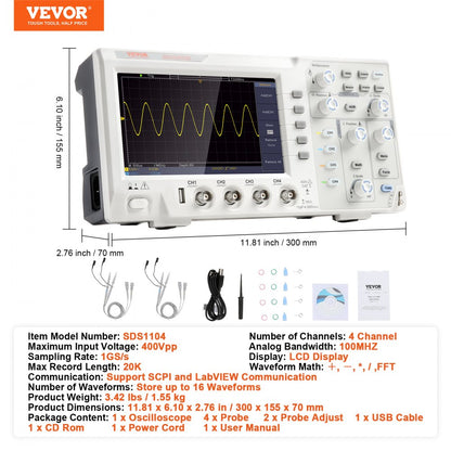 SDS1104 - 100MHz Digital Oscilloscope with 7-inch Display and 4 Channels
