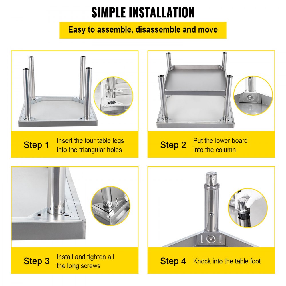 VV-ES-SS-2424 - Durable Stainless Steel Table with Adjustable Legs & 1000 lbs Capacity