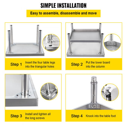 VV-ES-SS-2428 - Durable Stainless Steel Kitchen Work Table with Adjustable Legs