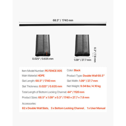 PE FENCE 005 - 68.5" HDPE Privacy Slats for 6' Chain Link Fences