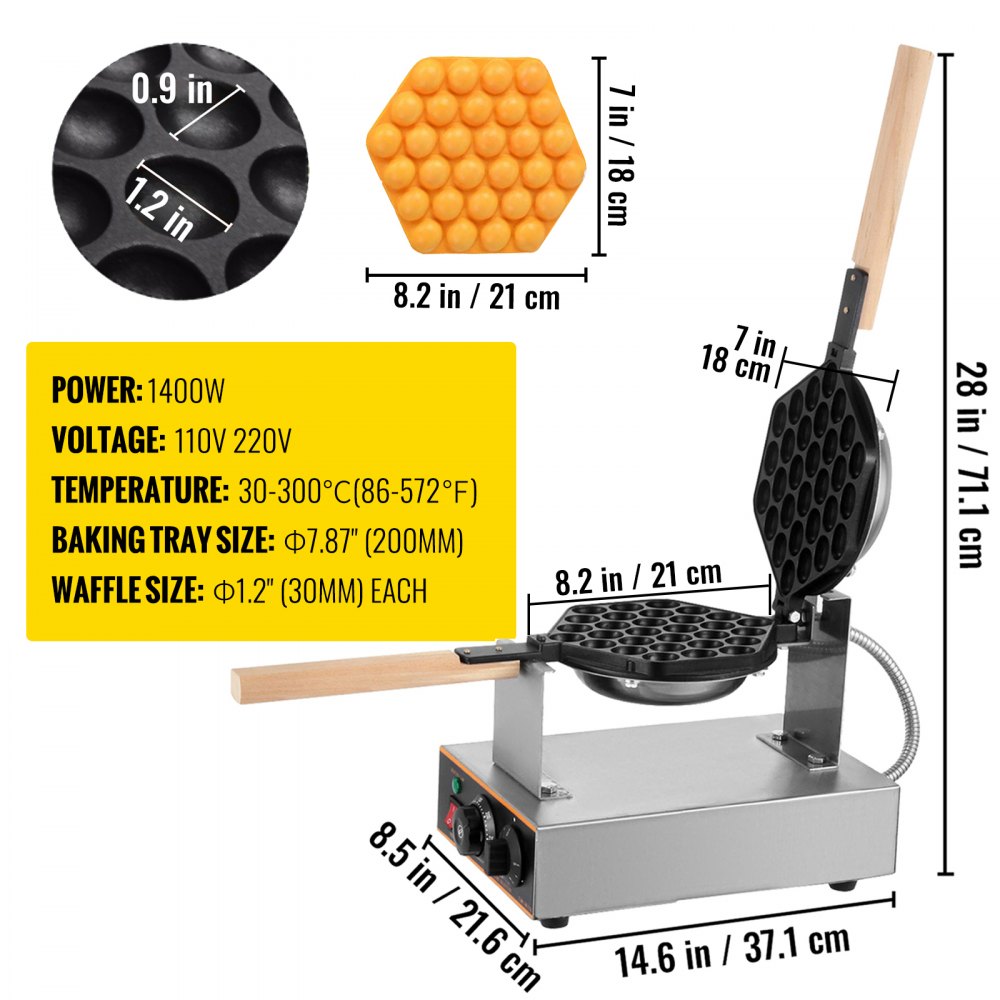 SC-X30 - 1400W Stainless Steel Bubble Waffle Maker with Dual Plates