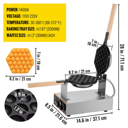 SC-X30 - 1400W Stainless Steel Bubble Waffle Maker with Dual Plates
