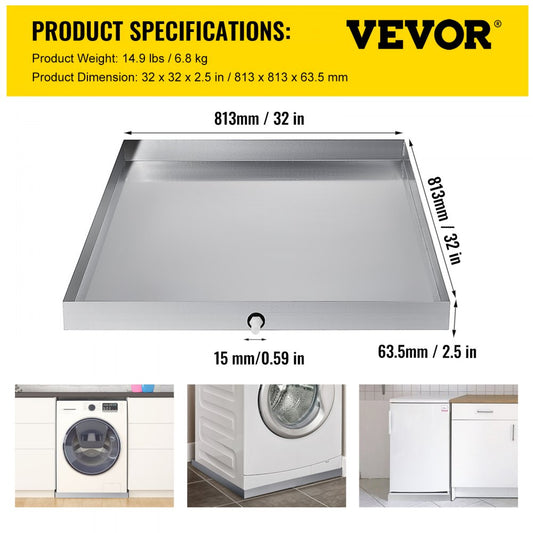 010854317974 - 32" Stainless Steel Washing Machine Pan with Leak Prevention Design