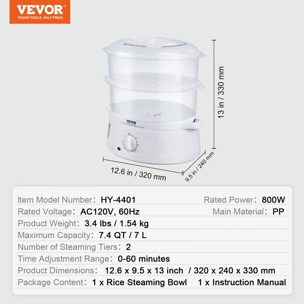 HY-4401 - 7.4QT VEVOR Electric Steamer with 2-Tier Trays and Auto Shut-Off