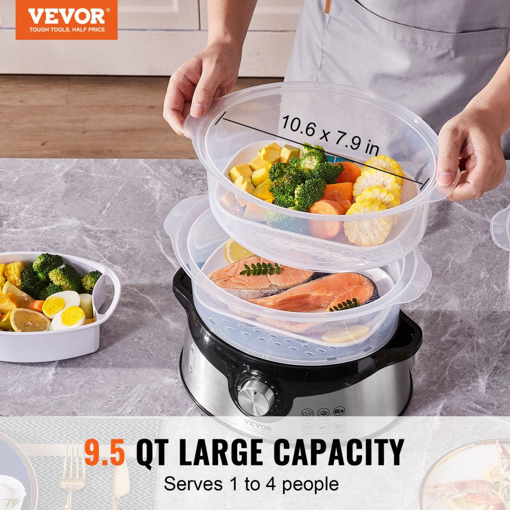 HY-4403NS - VEVOR 9.5L Electric Steamer with 3 Stackable Tiers & 60-Min Timer