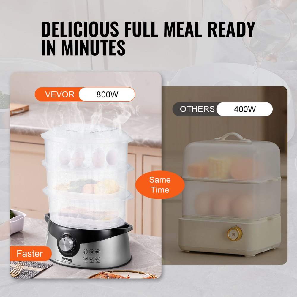 HY-4403NS - VEVOR 9.5L Electric Steamer with 3 Stackable Tiers & 60-Min Timer