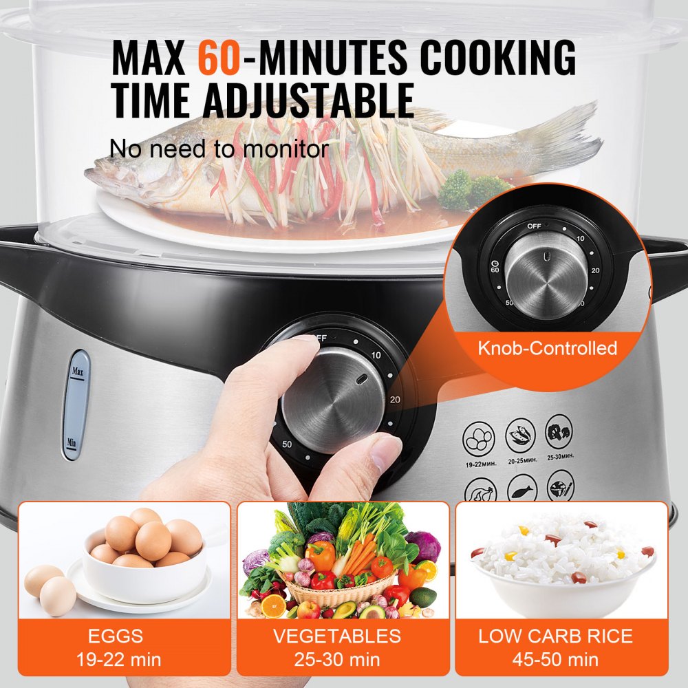 HY-4403NS - VEVOR 9.5L Electric Steamer with 3 Stackable Tiers & 60-Min Timer