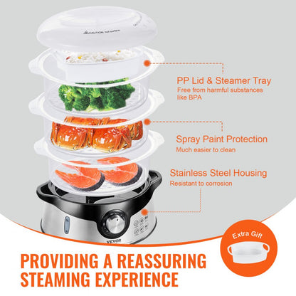 HY-4403NS - VEVOR 9.5L Electric Steamer with 3 Stackable Tiers & 60-Min Timer