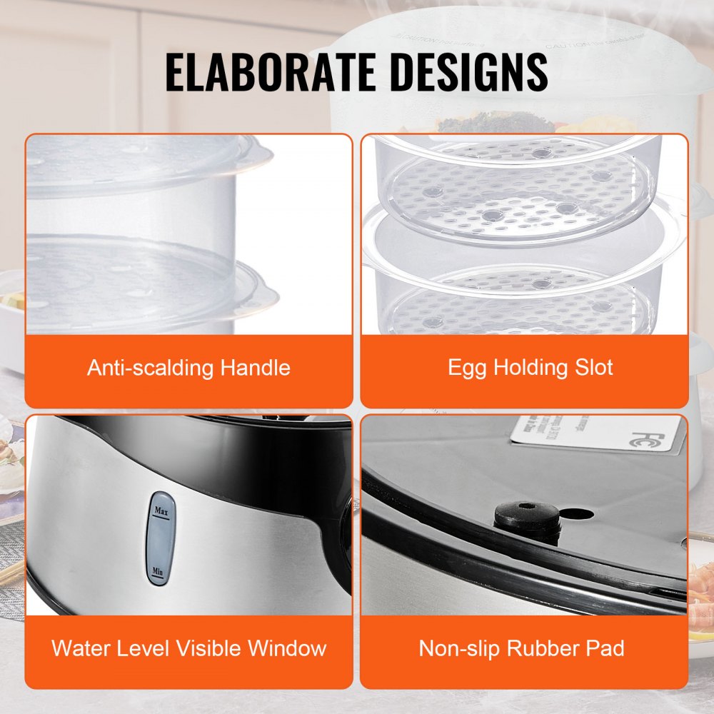 HY-4403NS - VEVOR 9.5L Electric Steamer with 3 Stackable Tiers & 60-Min Timer