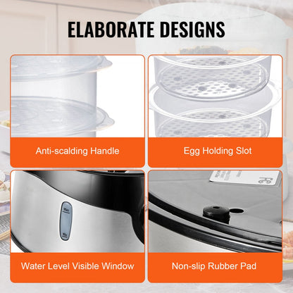HY-4403NS - VEVOR 9.5L Electric Steamer with 3 Stackable Tiers & 60-Min Timer