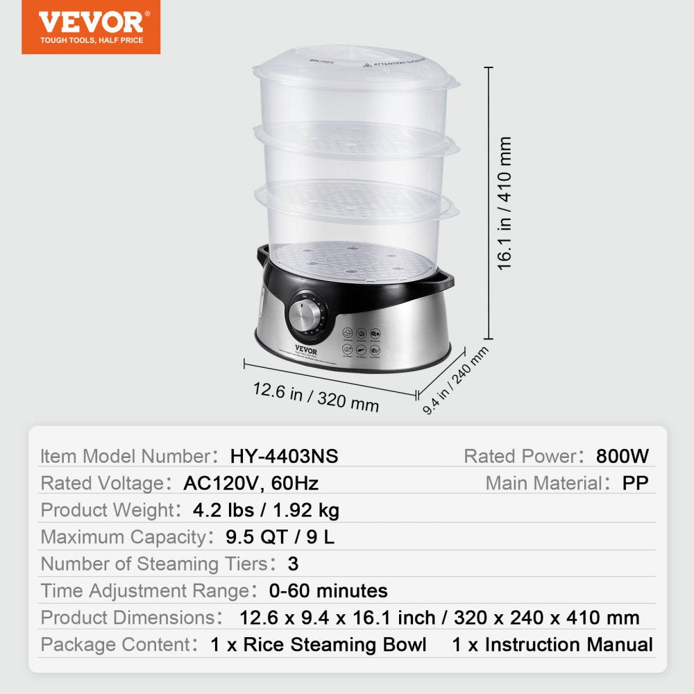 HY-4403NS - VEVOR 9.5L Electric Steamer with 3 Stackable Tiers & 60-Min Timer