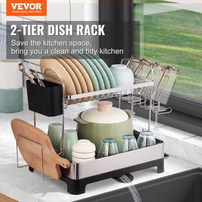 WK810478 - Stainless Steel 2-Tier Dish Rack, 16.6"x12.6"x15" for Space-Saving Design