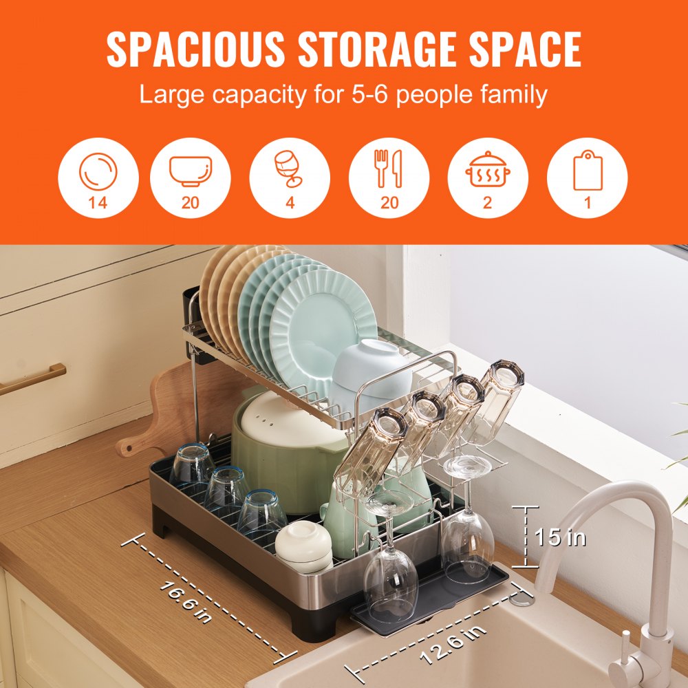 WK810478 - Stainless Steel 2-Tier Dish Rack, 16.6"x12.6"x15" for Space-Saving Design