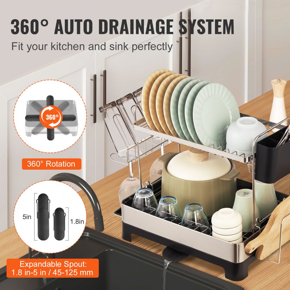 WK810478 - Stainless Steel 2-Tier Dish Rack, 16.6"x12.6"x15" for Space-Saving Design