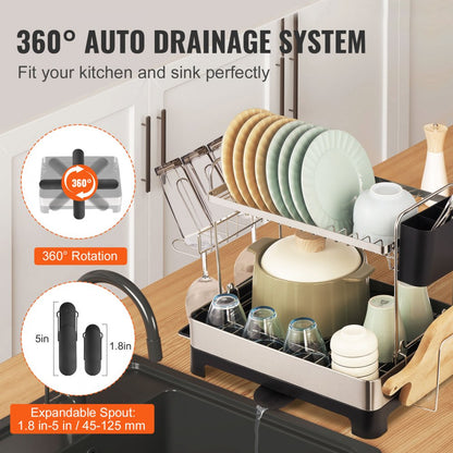 WK810478 - Stainless Steel 2-Tier Dish Rack, 16.6"x12.6"x15" for Space-Saving Design