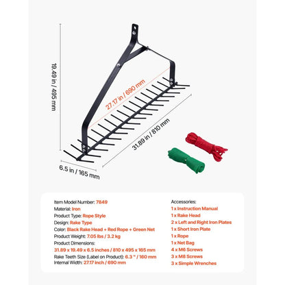 7849 - 32"x6.3" Heavy-Duty Aquatic Weed Rake with 30ft Rope