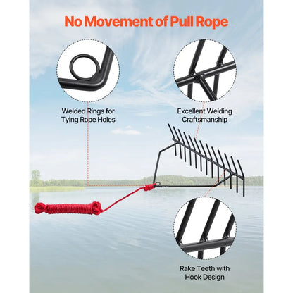 7847 - Durable 8.5" Aquatic Weed Rake with 30ft Rope and Net Bag
