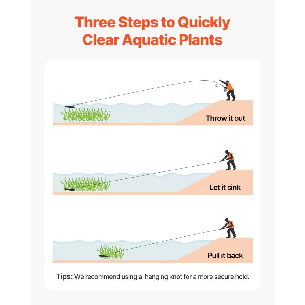 7847 - Durable 8.5" Aquatic Weed Rake with 30ft Rope and Net Bag