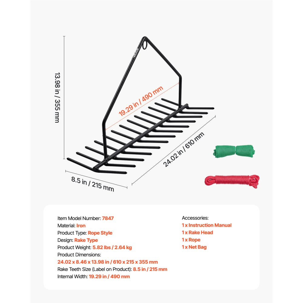 7847 - Durable 8.5" Aquatic Weed Rake with 30ft Rope and Net Bag