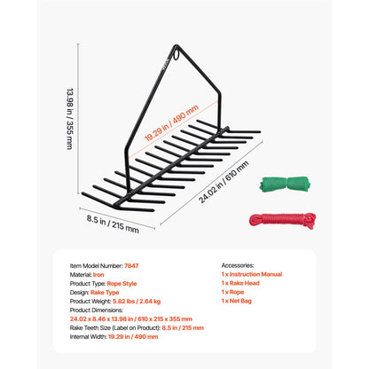 7847 - Durable 8.5" Aquatic Weed Rake with 30ft Rope and Net Bag