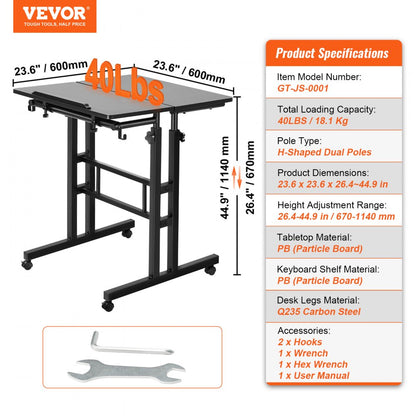 GT-JS-0001 - Adjustable 2-Tier Mobile Standing Desk with 360° Wheels