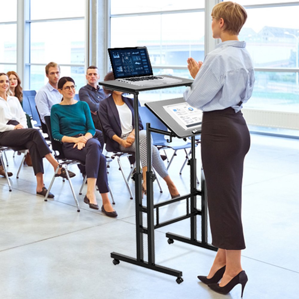 GT-JS-0001 - Adjustable 2-Tier Mobile Standing Desk with 360° Wheels