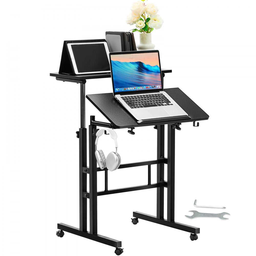 GT-JS-0001 - Adjustable 2-Tier Mobile Standing Desk with 360° Wheels