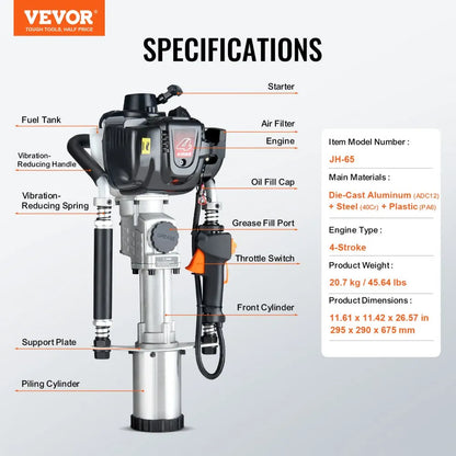 JH-65 - VEVOR 37.77cc Gas-Powered Pile Driver with Interchangeable Heads