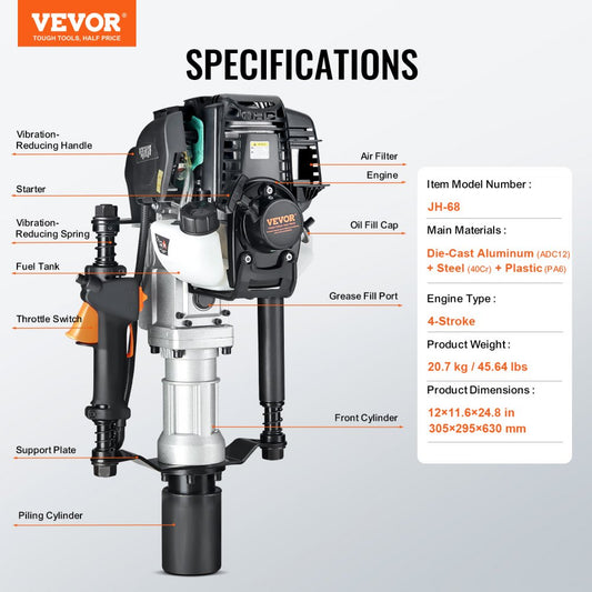 JH-68 - VEVOR Powerful 37.77cc Gas-Powered Post Driver for Fast Piling