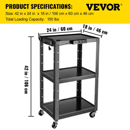 SCTCAV-S7 - Heavy-Duty 24" Steel AV Cart with Height Adjustability