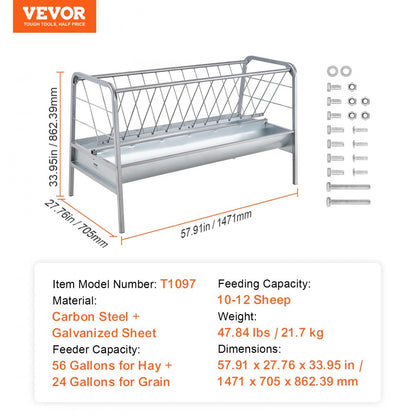 T1097 - Heavy-Duty 2 in 1 Wall Mounted Feeder for Goats & Hay