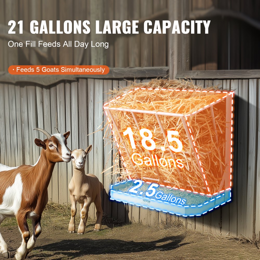 T1095 - 21 Gallon Wall-Mounted Goat Feeder for 5 Goats, Steel Construction