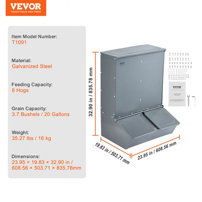 T1091 - Durable 3.7 Bushel Galvanized Steel Hog Feeder for 8 Pigs